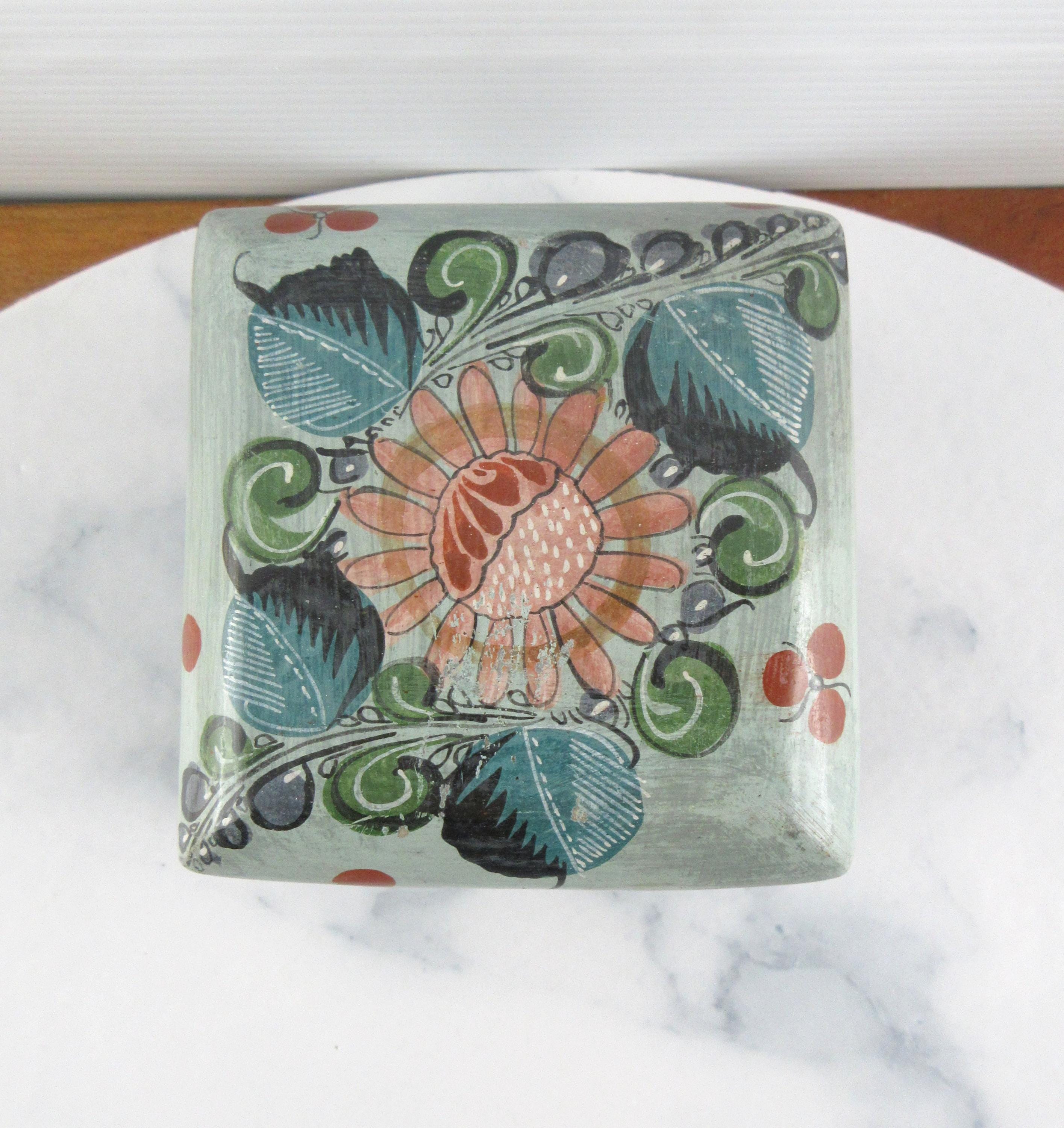 ヴィンテージの手描きトナラ赤土製小物入れ、メキシコの民芸品、ミッド