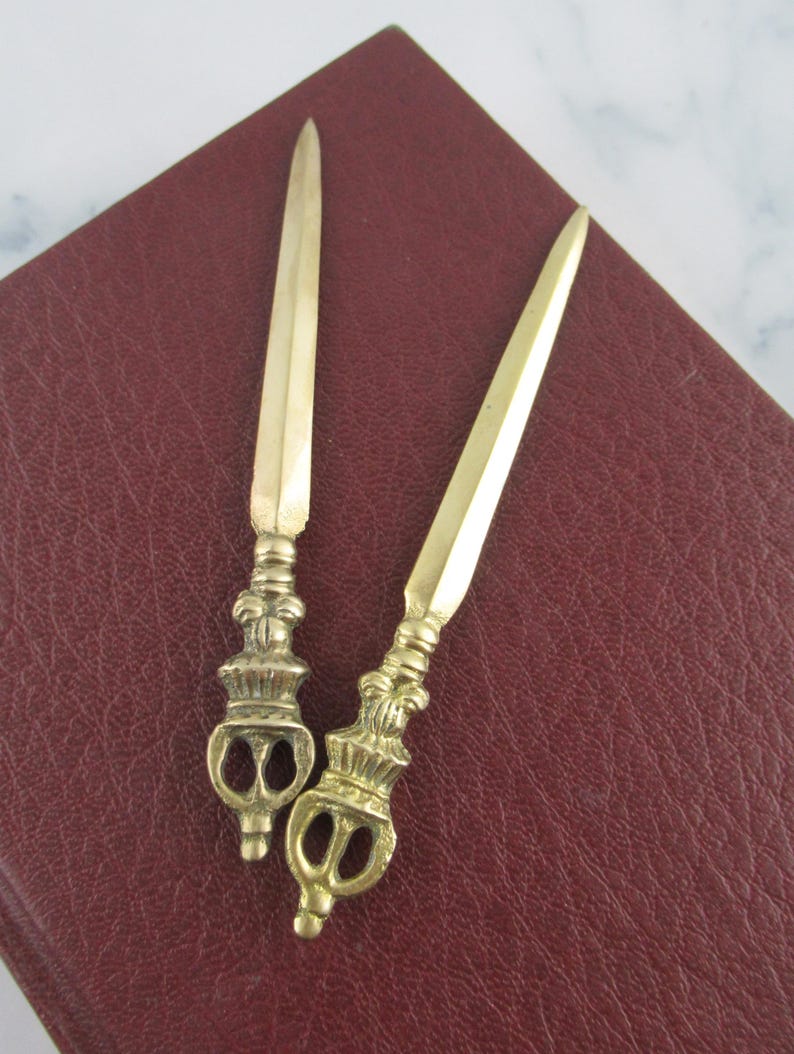 Pair of Vintage Brass Crown / Sword Letter Opener, Metal Novelty Letter