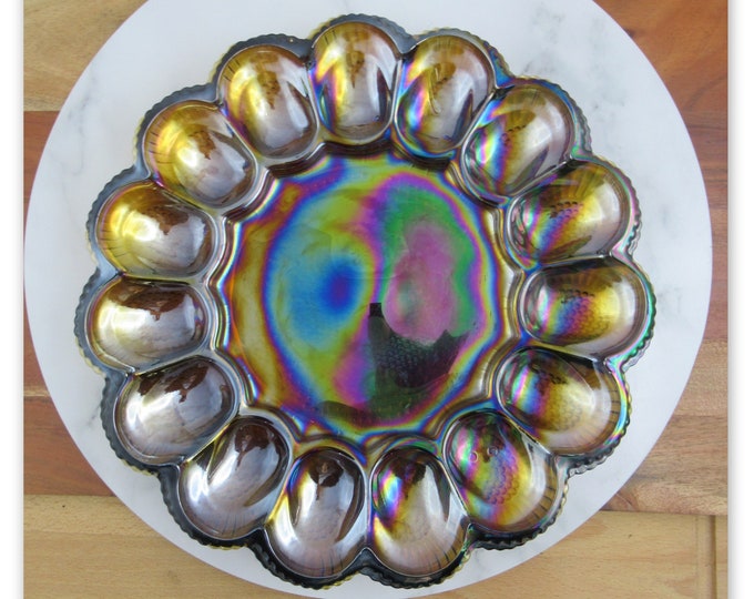 Vintage Indiana Glass Carnival Glass Egg Dish With Hobnail Base