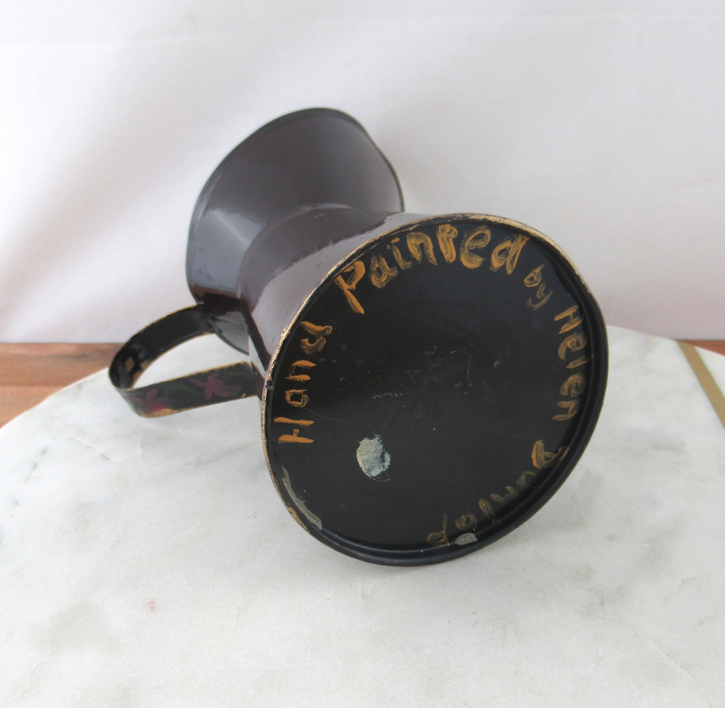 Vintage Black Metal Pitcher With Hand Painted Floral Design Etsy