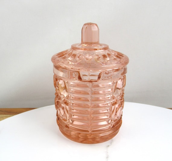 Vintage Indiana Glass Pink Lidded Sugar Pot or Jam Jar, Small Iridescent  Glass Jar, Windsor Pattern Peach Ballad 