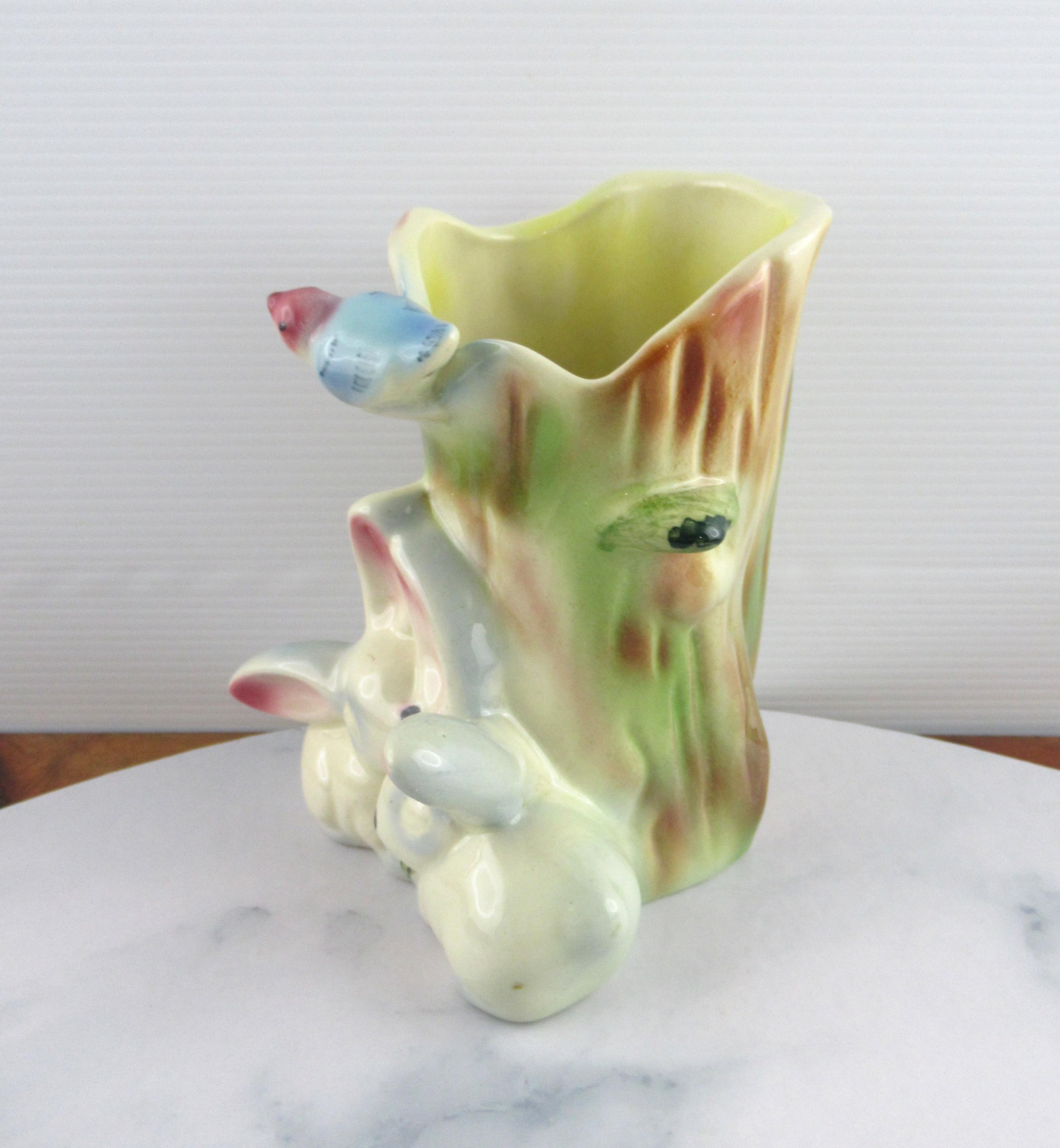 Kitsch Shiny Rabbit Cute Kitsch Vintage Ceramic Bunny Rabbit & Bird in a Tree Trunk Vase ...