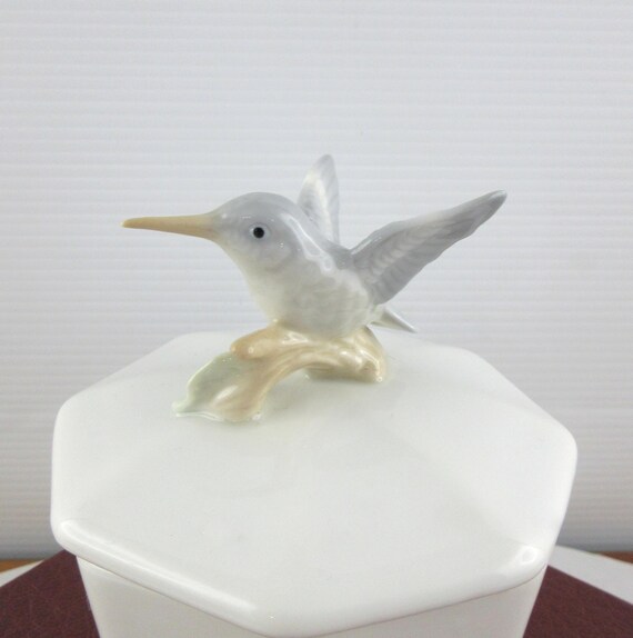 蓋付小物入れ　花鳥図　八角形　陶磁器　香合 かわいいヴィンテージ陶器製ハチドリ蓋付き小物入れ、日本製八角鳥