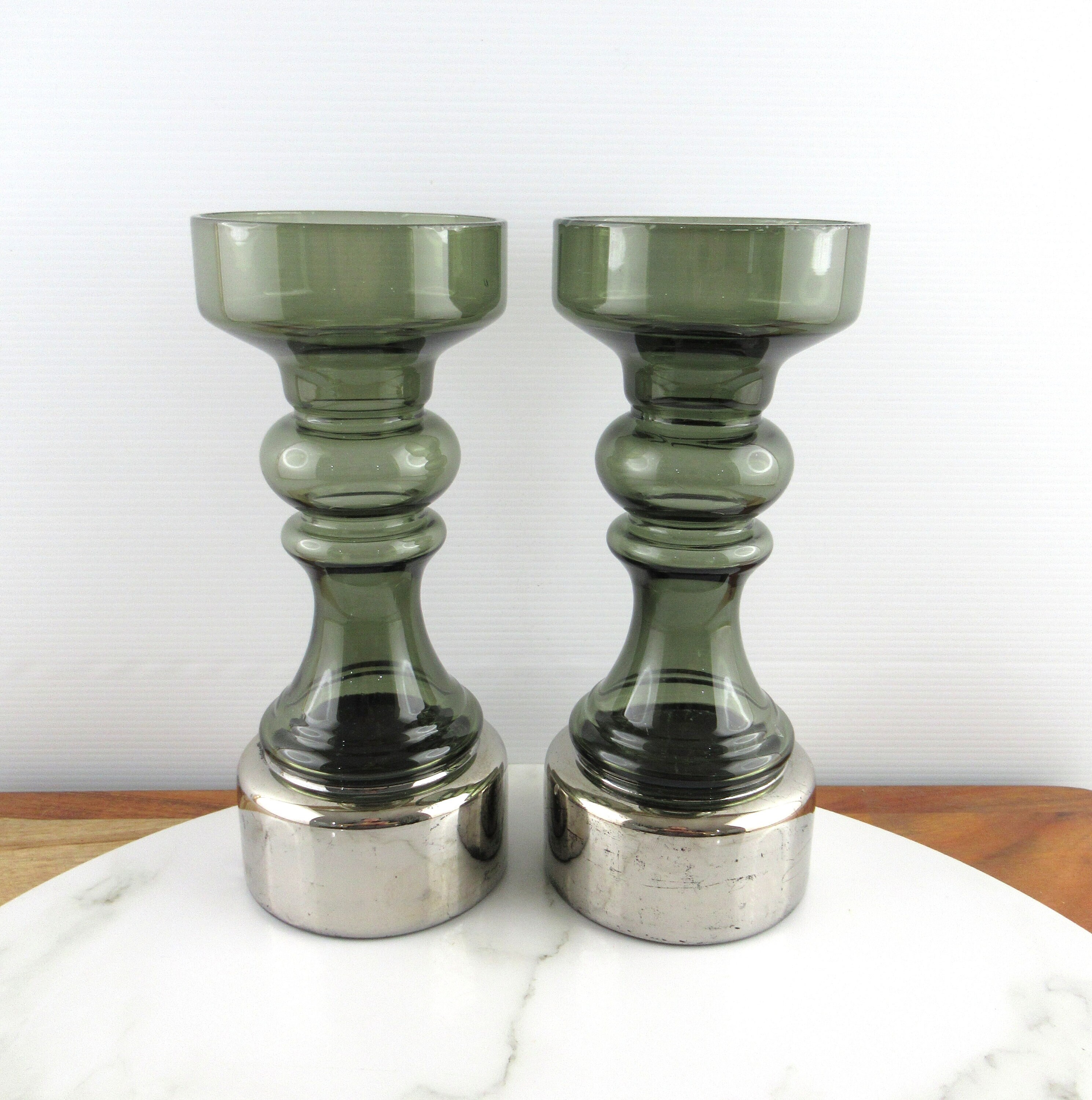 Vintage Pair of Enesco Smokey Gray and Silver Glass Candle Holders or Vase,  Mid Century Glass,  Made In Japan