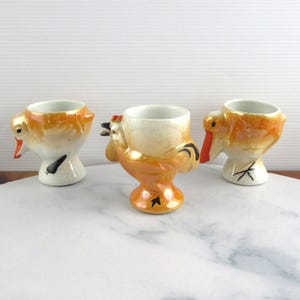 Lot of 3 Vintage Lustre Ceramic Chicken & Duck Shaped Egg Cups, Animal Character Easter Egg Holder Japan Lustreware
