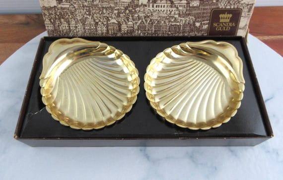 SCANDIA GULD 24金メッキ仕上げ 菓子器 トレイ ヴィンテージ スカンディア グルド 24K ゴールドメッキ シェル型皿 2個