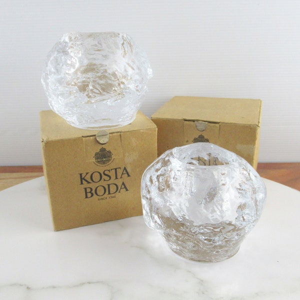 Pair of Vintage Kosta Boda Lead Crystal Snowball Tealight Candle Holders in Box, Votive Holder  Made in Sweden,  Clear Scandinavian Glass