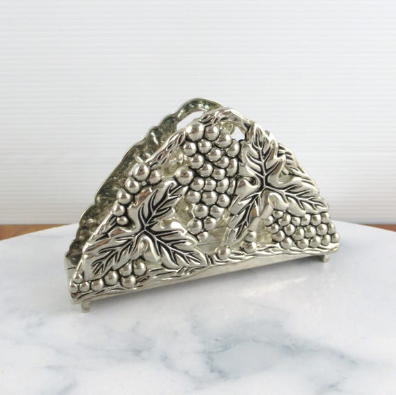 Vintage Silver Plated Napkin Rack Holder With Ornate Grape Design