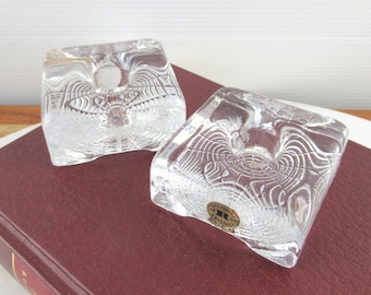 Pair of Vintage Reijmyre Sweden Clear Ice Block Glass Taper Candle Holders, 1960&#39;s Swedish Scandinavian Crystal