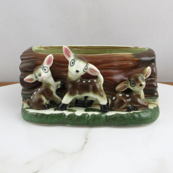 Very Cute Vintage Ceramic Baby Deer Planter, Log Trough Planter