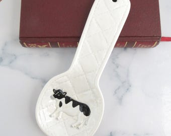 Vintage Otagiri Ceramic Spoon Rest Holder with Black & White Cow Design, Made in Japan