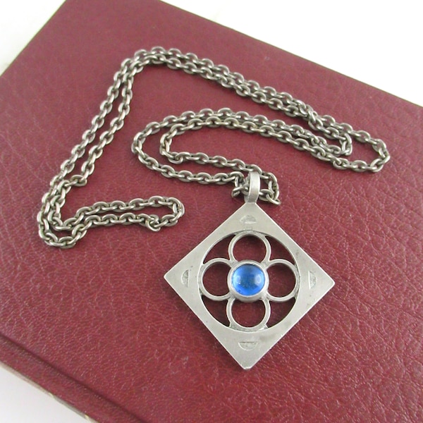 Vintage Pewter Mid Century Modernist TENN Pendant Necklace with Blue Glass Centre, Tenn Sweden, Mid Century Scandinavian R Landerholm