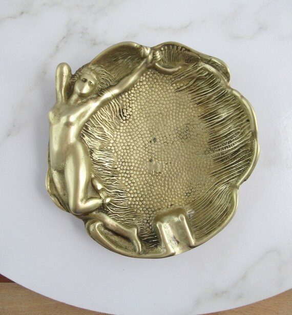 Vintage Brass Naked Lady Risque Ashtray, Art Nouveau Nude Woman