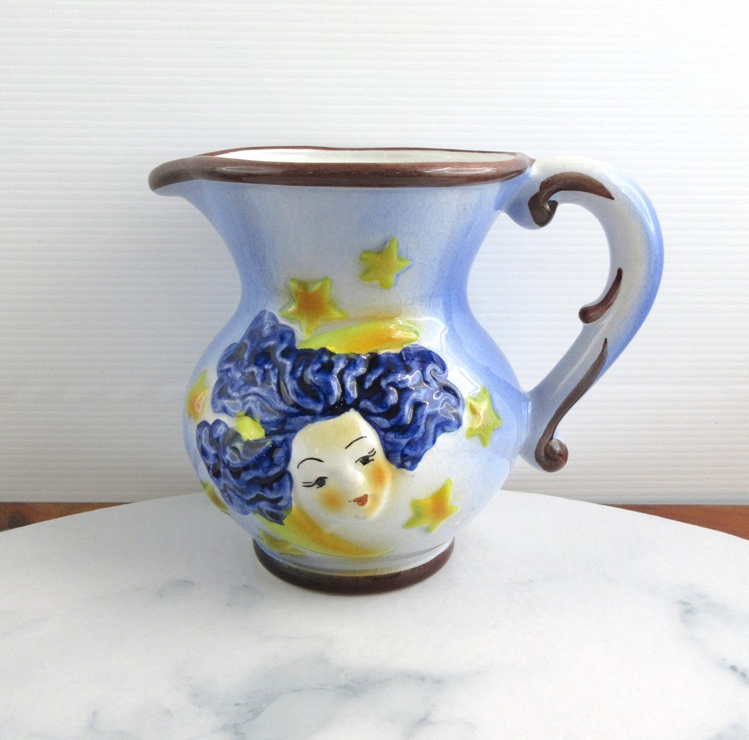 Vintage Italian Pottery Hand Painted Moon & Star Girl Face Pitcher Jug ...