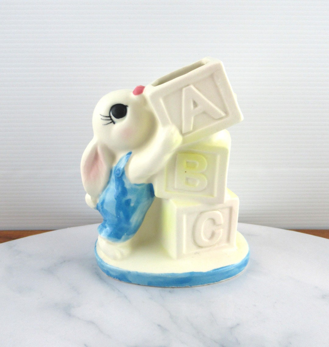 Kitsch Shiny Rabbit Vintage Ceramic Kitsch Baby Rabbit With Building Blocks Vase Figurine ...
