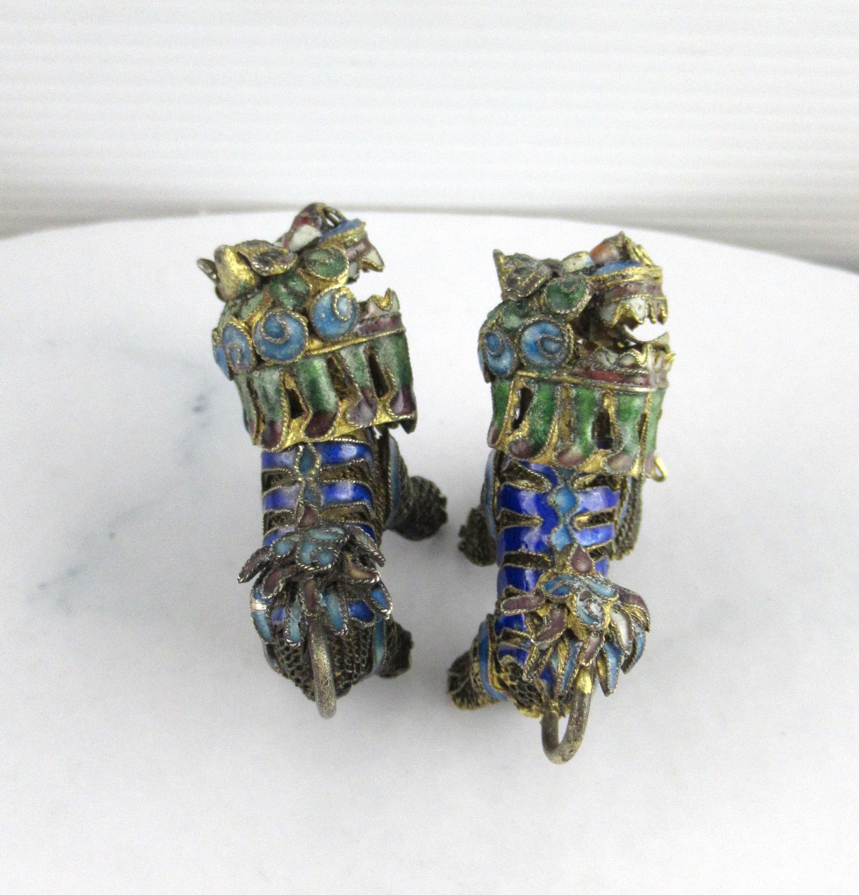 Pair of Vintage Chinese Cloisonne Foo Dogs Lions With Ball