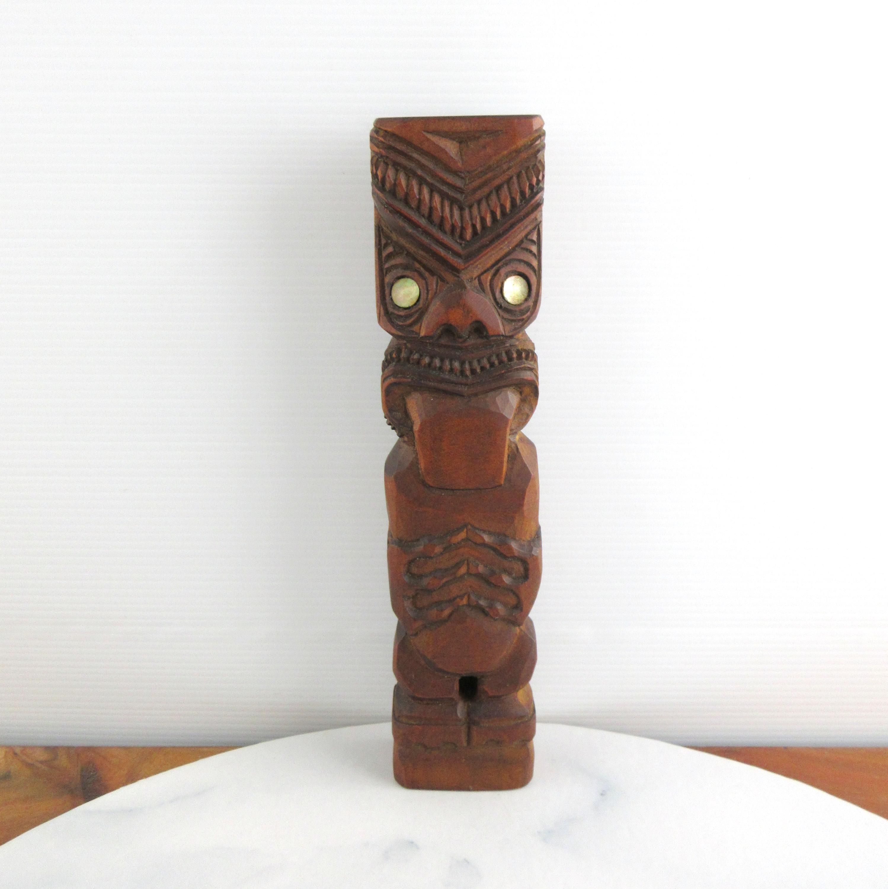 Vintage New Zealand Wooden Tiki Figure With Paua Shell Eyes, Māori