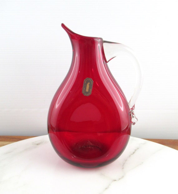Vintage Whitefriars Ruby Red Glass Jug With Sparrow Beak Spout