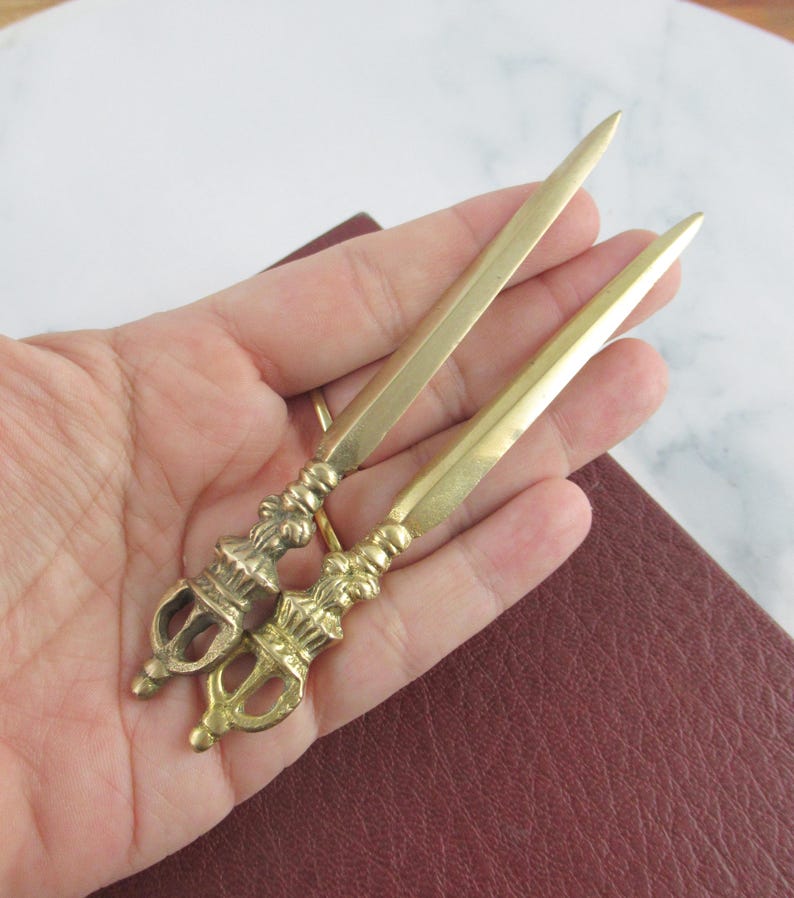 Pair of Vintage Brass Crown / Sword Letter Opener, Metal Novelty Letter