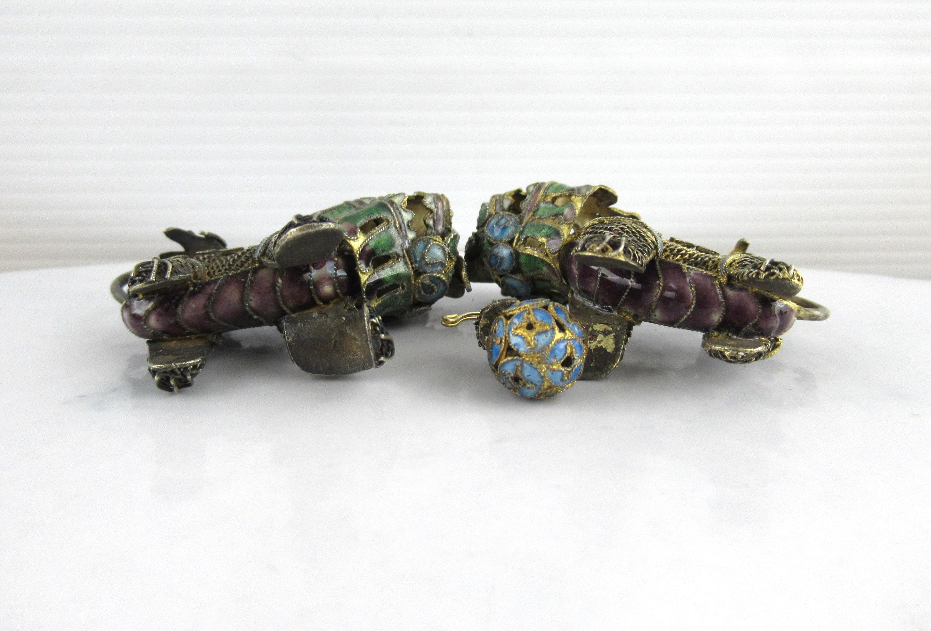 Pair of Vintage Chinese Cloisonne Foo Dogs Lions With Ball