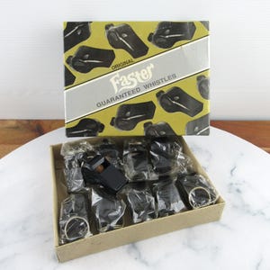 Vintage Box of Original Faster Thunder Whistles, Lot of 10 Black Moulded Whistles in Box