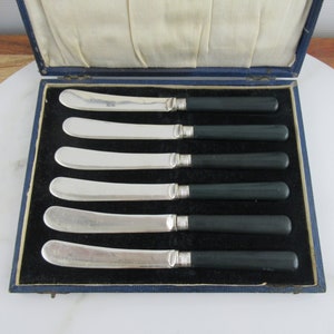Set of 6 Vintage Silver Plated Dessert Knives with Dark Green Handles, J&R EPNS, Art Deco Flatware, 1930&#39;s Cutlery, Afternoon Tea Knives