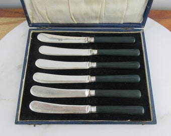 Set aus 6 versilberten Vintage-Dessertmessern mit dunkelgrünen Griffen, J&R EPNS, Art-Deco-Besteck, Besteck aus den 1930er Jahren, Nachmittagsteemesser