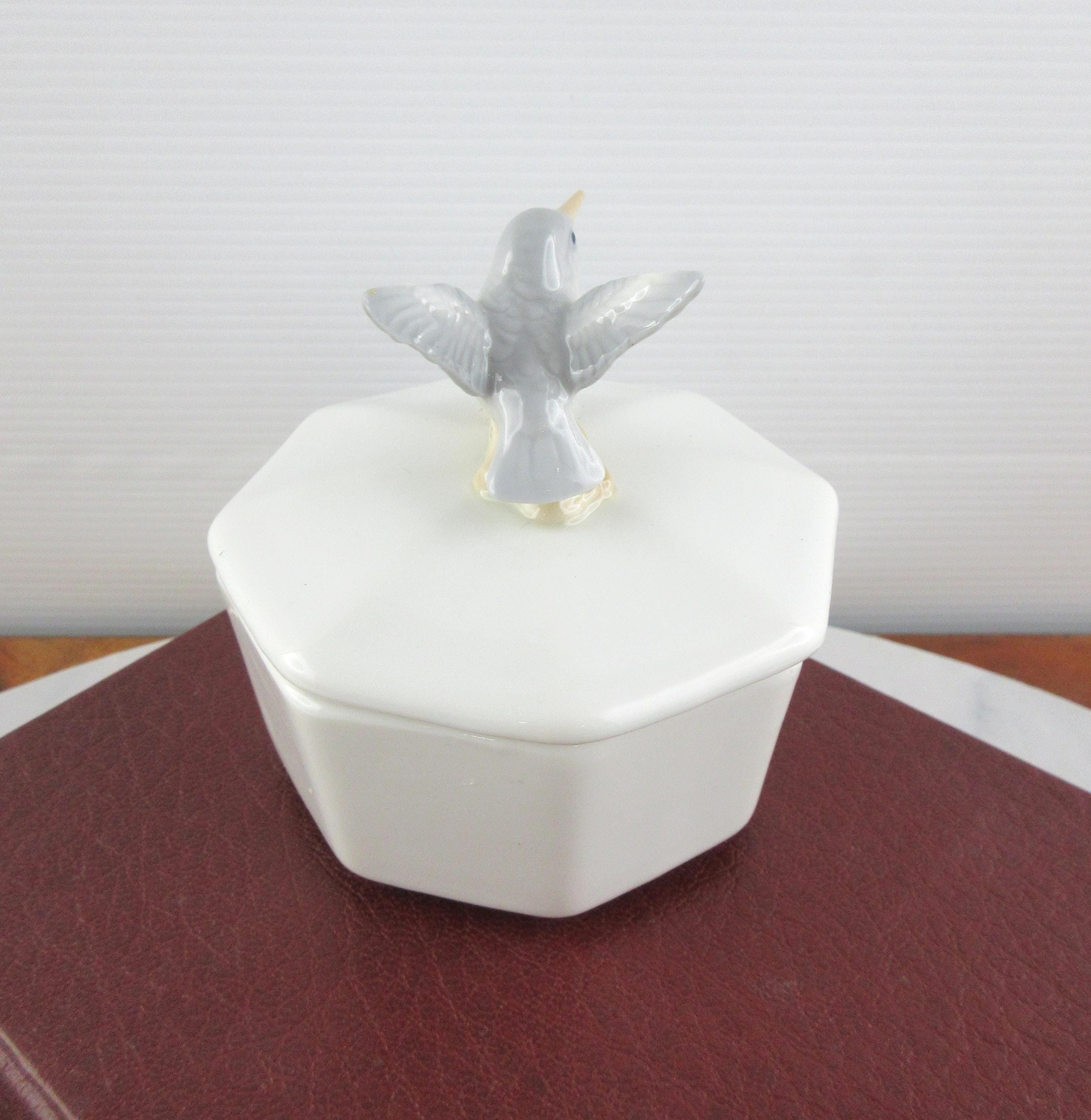 かわいいヴィンテージ陶器製ハチドリ蓋付き小物入れ、日本製八角鳥
