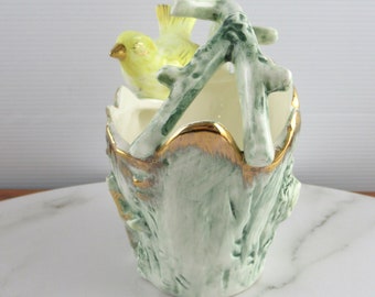 Vintage Ceramic Yellow Bird on a Tree Basket Vase, Made in Japan