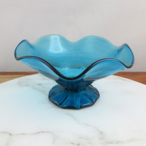 Beautiful Vintage Blue Glass Pedestal Candy Bowl with Wavy Edge, Vitriotec Services QLD