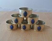 Vintage Silver Napkin Rings with Blue Semi Precious Stones Set of 6 Metal Serviette Holders