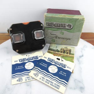 Vintage Sawyer's bakeliet 3D-view-Master + 2 Paris-reels, -Dimension Viewer, jaren 1950 made in Belgium