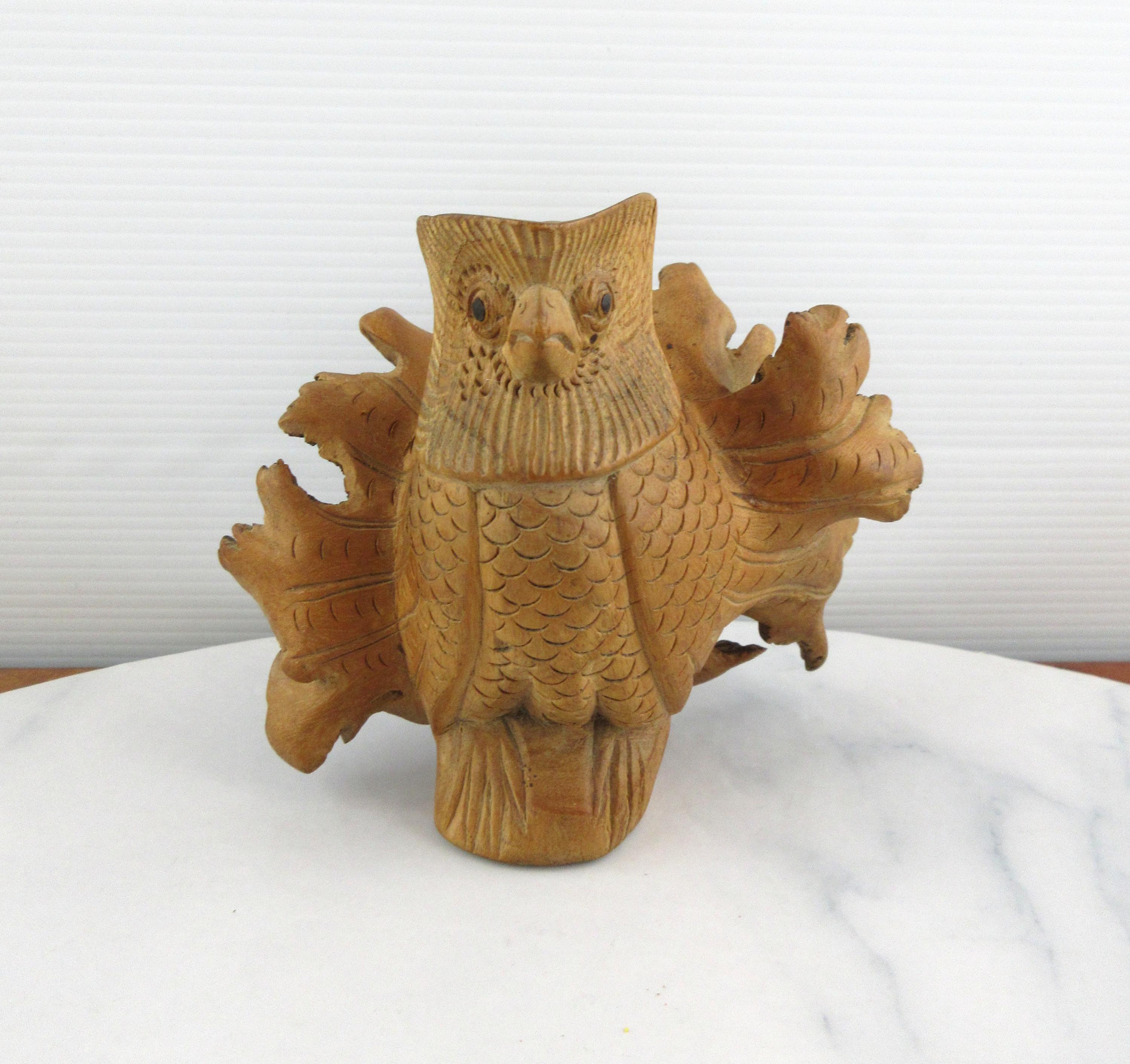Vintage Hand Carved Wooden Balinese Owl / Bird Figurine Carving, Parasite Wood Sculpture, Bird Folk