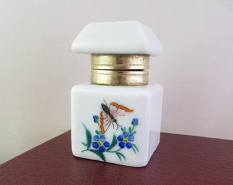 Vintage Hand Painted Porcelain Inkwell with Hinged Lid, Butterfly & Blue Flower Design, Ceramic Ink Pot,  Vintage Office Décor