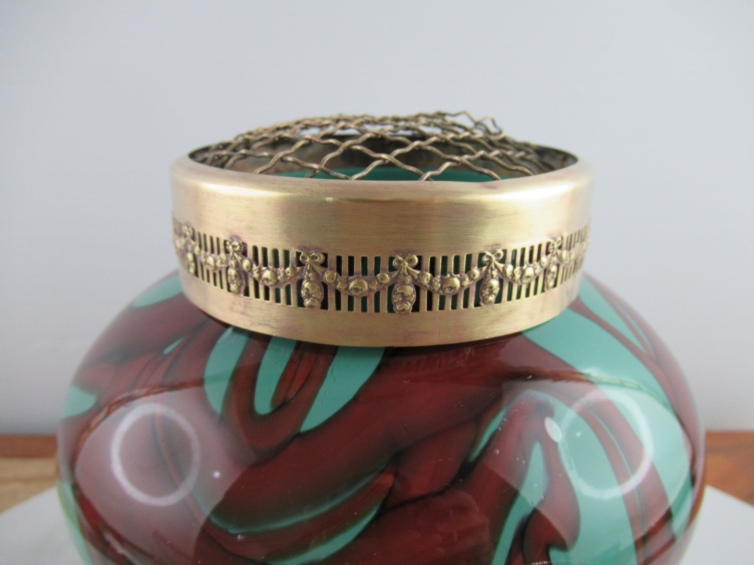 ヴィンテージアールデコチェコガラスローズボウル、ティールグリーン 