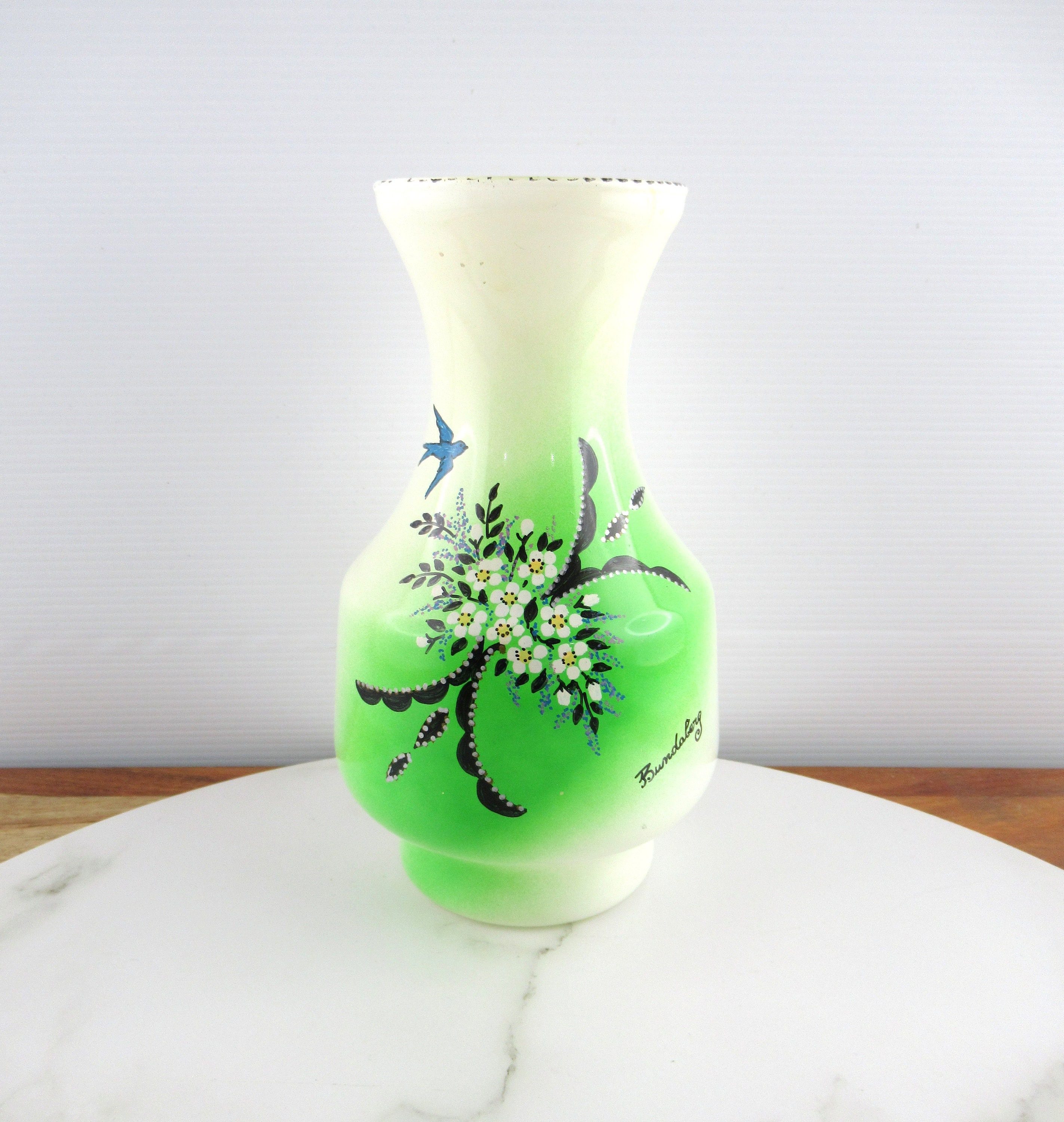 青い鳥の手描き陶器花瓶　アンティーク Bluebird vase - Etsy 日本
