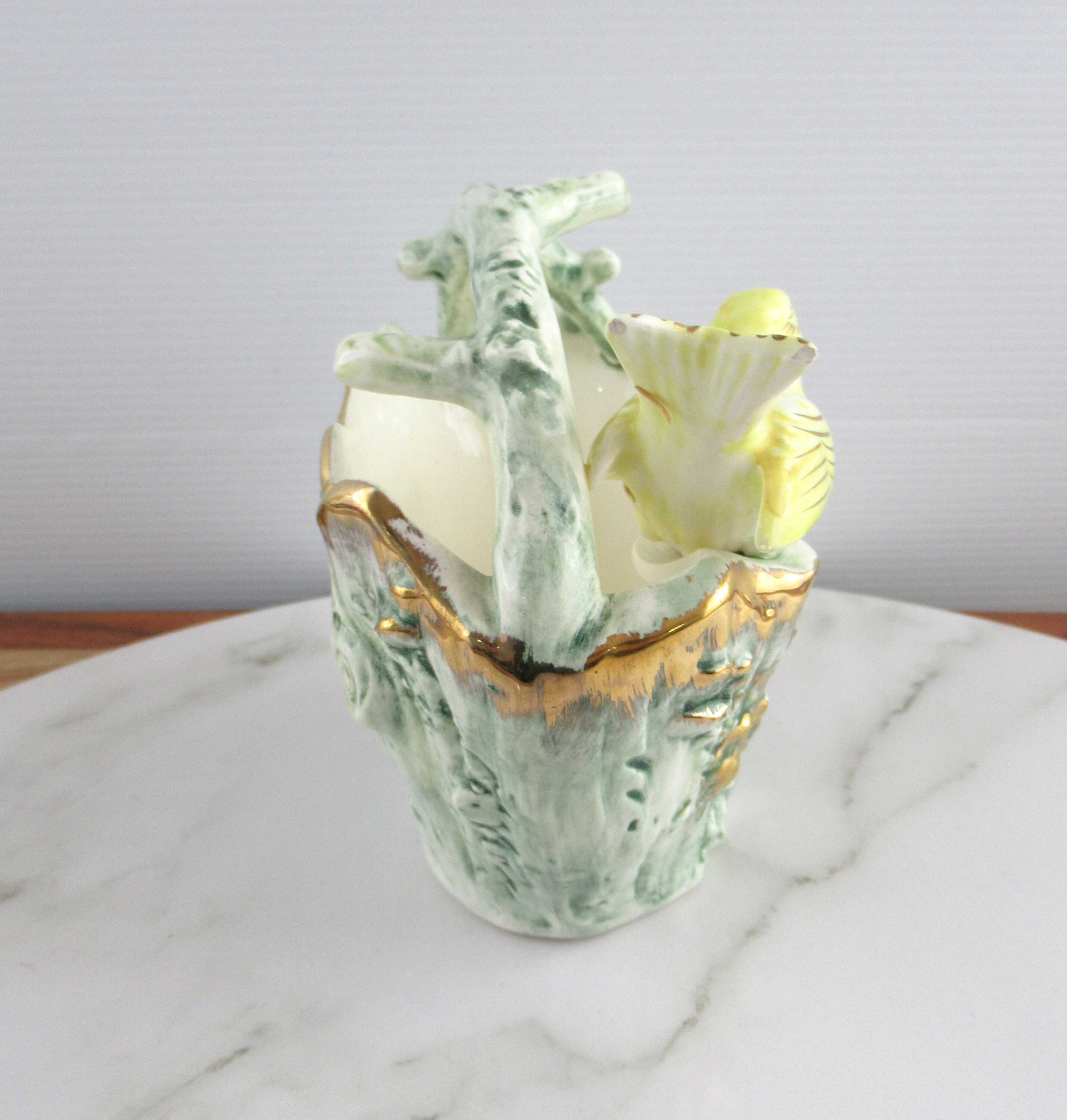 Vintage Ceramic Yellow Bird on a Tree Basket Vase, Made in Japan