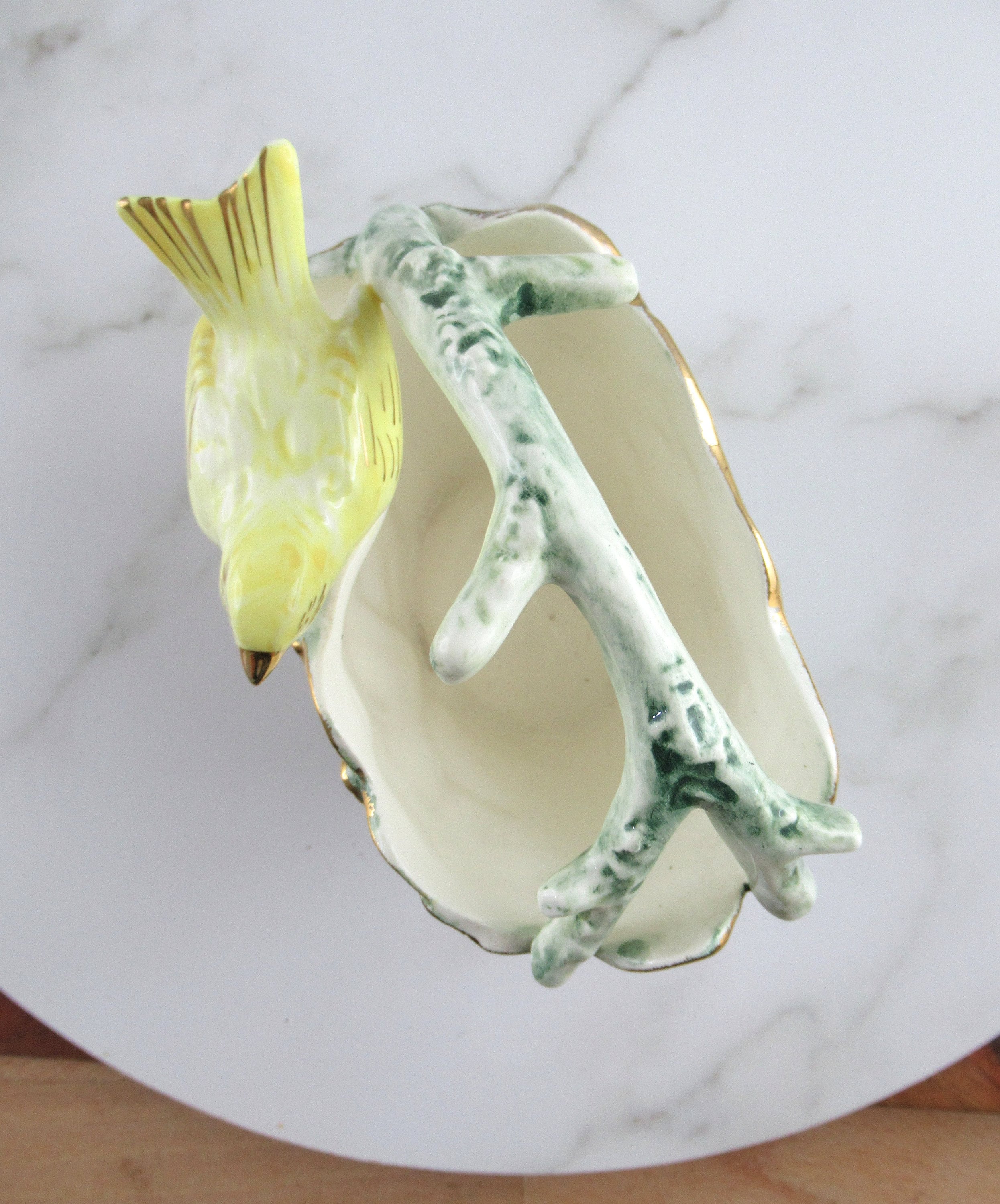 Vintage Ceramic Yellow Bird on a Tree Basket Vase, Made in Japan