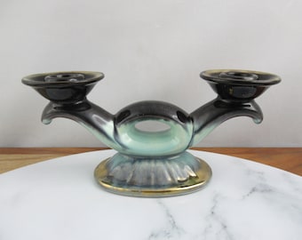 Vintage Mid Century German Ceramic 2 Branch Candle Holder, Jasba Keramik Germany, Pale Turqoise Green & Black, Vintage Home Decor