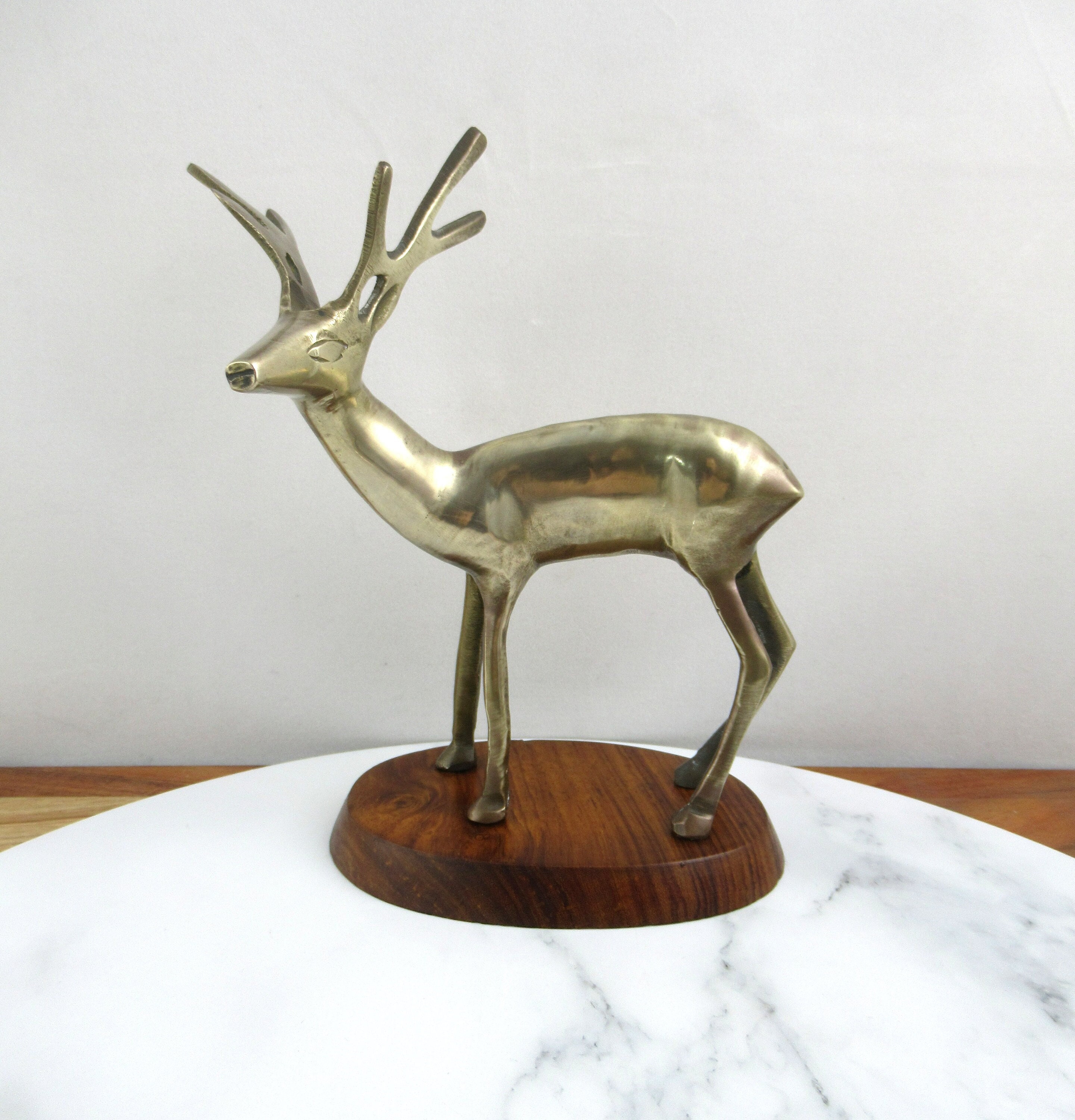 Vintage Brass Deer Figurine on a Wooden Base, Mid Century Modern