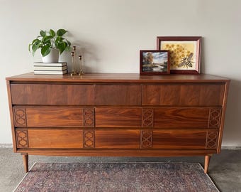 Swedish Mid-Century Walnut 9-Drawer Dresser with Geometric Panels