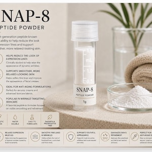 May include: A clear plastic vial containing white SNAP-8 peptide powder, labelled 1g, with a screw-top lid. Next to it, a small glass dish holds a pile of the same white powder. The background features text detailing cosmetic grade benefits.