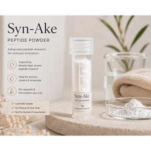 May include: A clear plastic vial containing white Syn-Ake peptide powder with a label reading 1g and For Research Use Only. The vial features measurement markings up to 1.8 mL. Beside it sits a small glass dish filled with the same white powder.