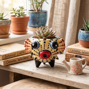 May include: A yellow ceramic pufferfish planter with black spots, large blue and black eyes, and a red mouth, containing a green succulent. Next to it is a small white ceramic watering can with a coral-colored plant illustration on the side.