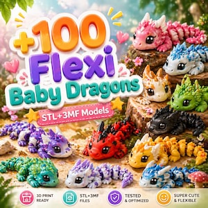 Op de afbeelding: Een verzameling kleurrijke, flexibele babydrakenmodellen. De afbeelding toont verschillende draken in tinten roze, blauw, groen, paars, rood en geel. Tekst op de afbeelding luidt "+100 Flexi Baby Dragons" en "STL+3MF Models".