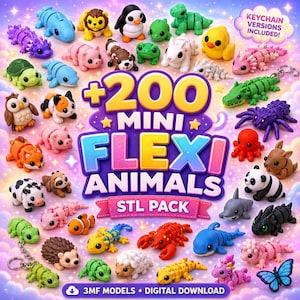 May include: A collection of over 200 mini flexi animal models in various colors, including a lion, penguin, and panda. The image includes the text "+200 MINI FLEXI ANIMALS STL PACK" and "KEYCHAIN VERSIONS INCLUDED!"