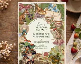 Plantilla de invitación de cumpleaños estilo cottagecore editable en Canva / Invitación para fiesta en el jardín con flores silvestres / Descarga digital vintage