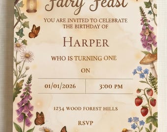 Plantilla de invitación de cumpleaños de hadas / Invitación para fiesta de hadas editable en Canva / Invitación encantada imprimible