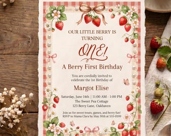 Plantilla de invitación de primer cumpleaños con temática de bayas, invitación de primer cumpleaños con fresas, plantilla editable de Canva para fiesta de bayas con estampado de cuadros rosas