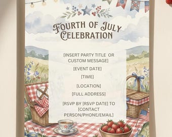 Plantilla de invitación estilo cottagecore para el 4 de julio / Invitación editable para fiesta patriótica en el jardín / Invitación de Canva para picnic de verano con estilo vintage americano